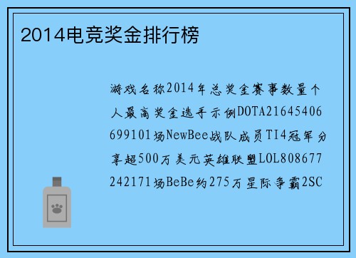 2014电竞奖金排行榜